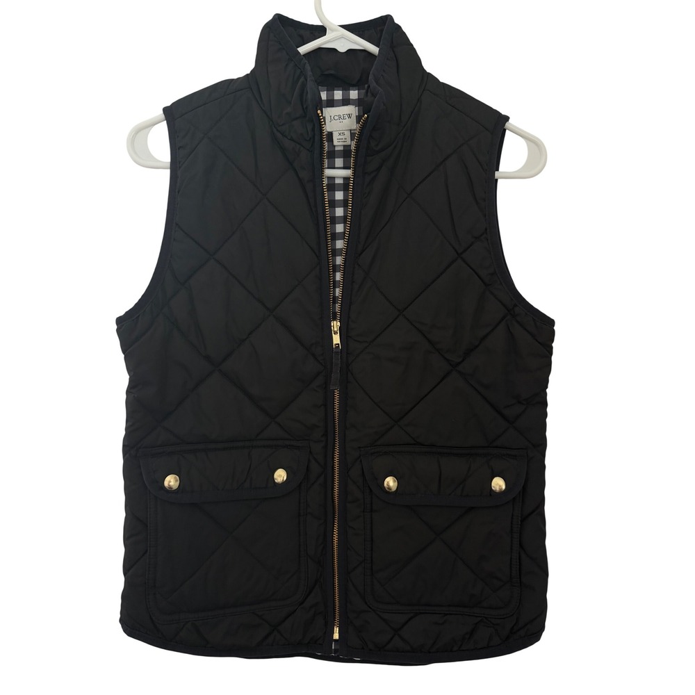 J.Crew Excursion Quilted Vest Womens XS Black Gingham Lined Gold Zip Puffer